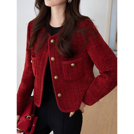 Darya Statement Tweed Jacket in Maroon - front shot on model - Miss Mosa By Akanksha