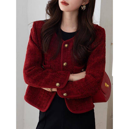 Darya Statement Tweed Jacket in Maroon - front shot on model - Miss Mosa By Akanksha