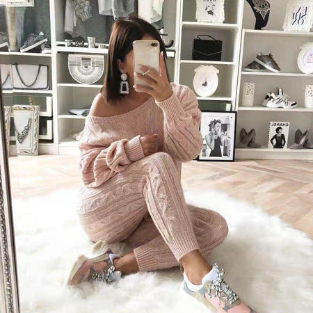 Darya Winter Knitted Trackset - lifestyle shot on model, pink - Miss Mosa By Akanksha