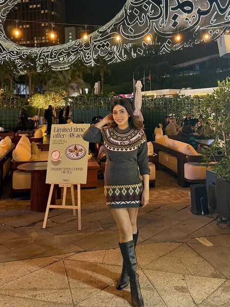 Dasher Luxe Winter Coord Set - full-length shot on model, charcoal grey multicolour - Miss Mosa By Akanksha