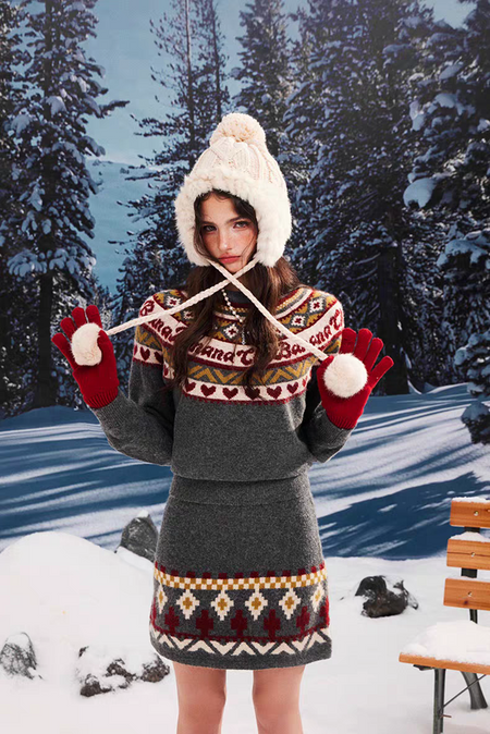Dasher Luxe Winter Coord Set - full-length shot on model, charcoal grey multicolour - Miss Mosa By Akanksha