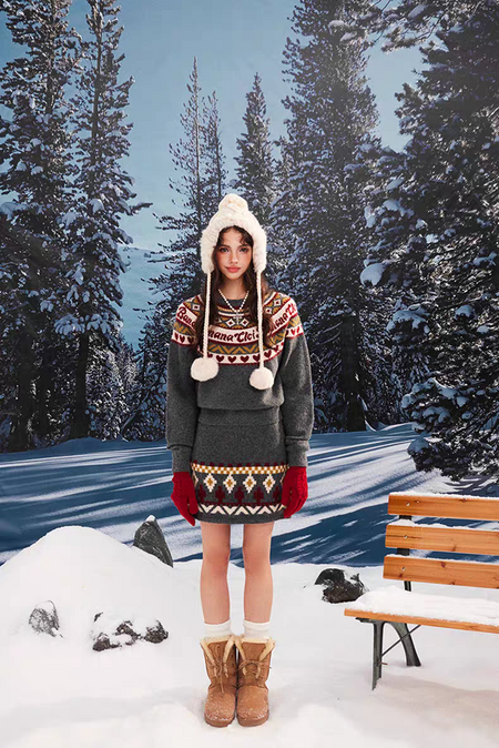 Dasher Luxe Winter Coord Set - full-length shot on model, charcoal grey multicolour - Miss Mosa By Akanksha