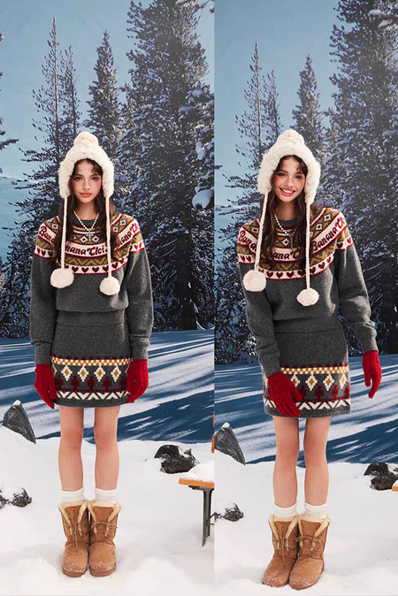 Dasher Luxe Winter Coord Set - full-length shot on model, charcoal grey multicolour - Miss Mosa By Akanksha