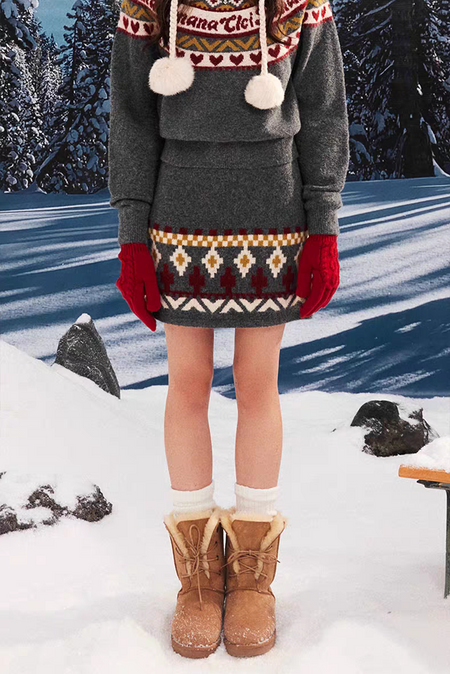 Dasher Luxe Winter Coord Set - lower-body shot of skirt on model, charcoal grey multicolour - Miss Mosa By Akanksha