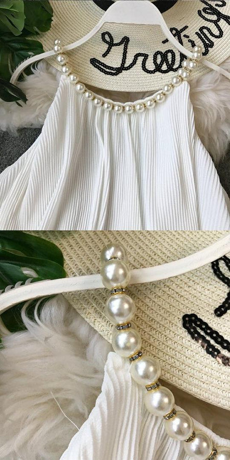 Davina Pearled Ruffled Top - close-up of pearl neckline, white - Miss Mosa By Akanksha