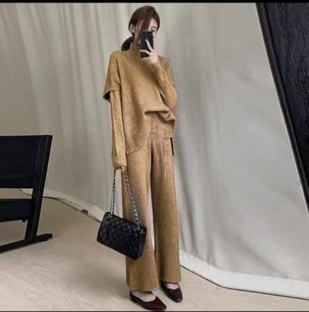 Daylon Winter 3 Pcs Coord Set - full-length front mirror shot on model, tan - Miss Mosa By Akanksha