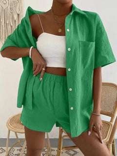 Dayton Linen Summer Co-ord Set - front shot on model, green - Miss Mosa By Akanksha