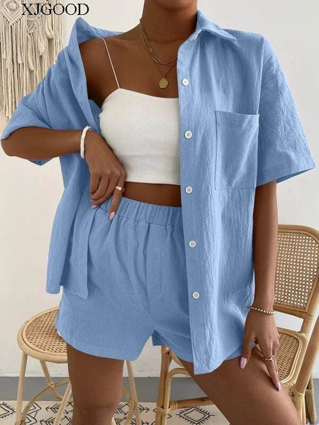 Dayton Linen Summer Co-ord Set - front shot on model, blue - Miss Mosa By Akanksha
