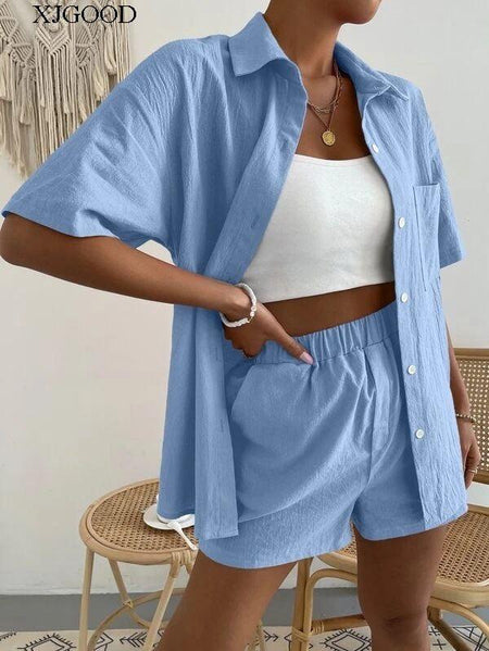 Dayton Linen Summer Co-ord Set - front shot on model, blue - Miss Mosa By Akanksha