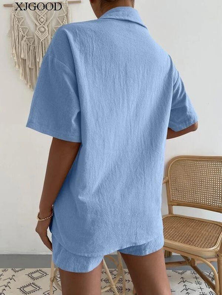 Dayton Linen Summer Co-ord Set - back shot on model, blue - Miss Mosa By Akanksha