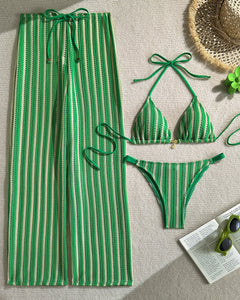 Debbie 2 Pcs Swimsuit With Pant - flat-lay shot, green and cream stripe - Miss Mosa By Akanksha