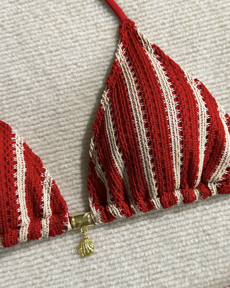 Debbie 2 Pcs Swimsuit With Pant - fabric detail shot, red and cream stripe - Miss Mosa By Akanksha