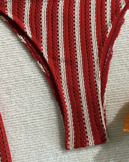 Debbie 2 Pcs Swimsuit With Pant - fabric detail shot, red and cream stripe - Miss Mosa By Akanksha