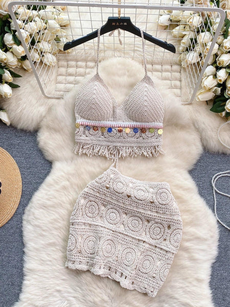 Debbie 2 Piece Coord Set - Resortwear Set - front shot on hanger, beige - Miss Mosa By Akanksha
