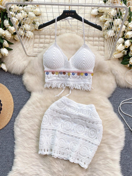 Debbie 2 Piece Coord Set - Resortwear Set - front shot on hanger, white - Miss Mosa By Akanksha