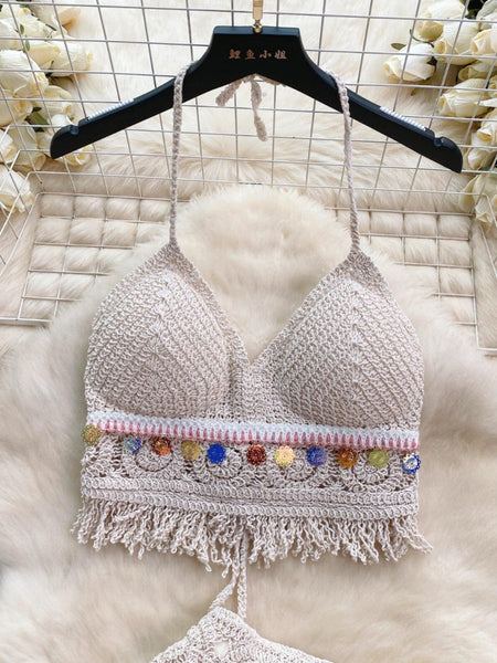 Debbie 2 Piece Coord Set - Resortwear Set - close-up of crochet bralette, beige - Miss Mosa By Akanksha