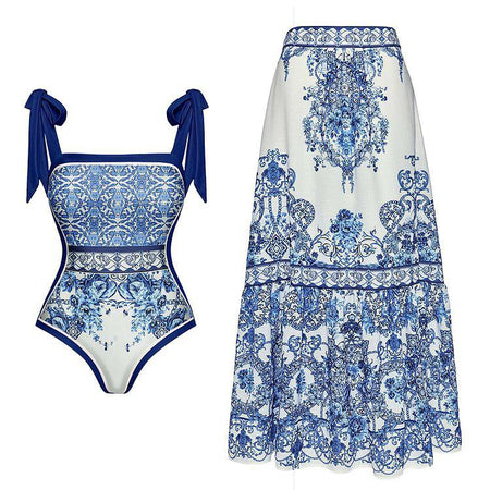 Debian Swimsuit With Skirt In Blue - flat-lay product shot of swimsuit and skirt - Miss Mosa By Akanksha