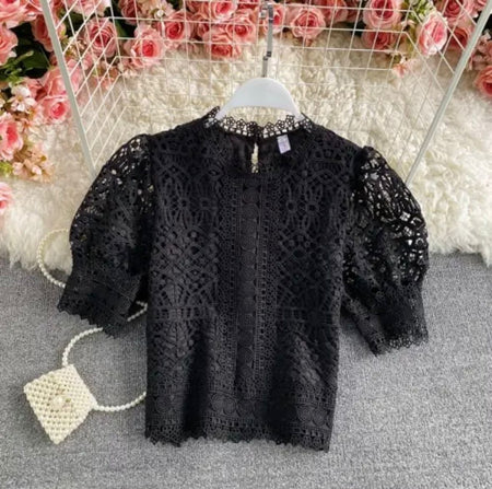 Deblo Crochet Blouse - front shot on hanger, black - Miss Mosa By Akanksha