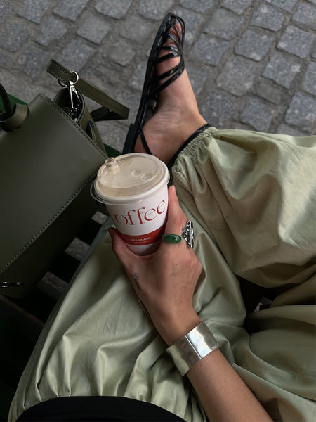 Deblo Statement Pant - seated detail shot, sage green - Miss Mosa By Akanksha