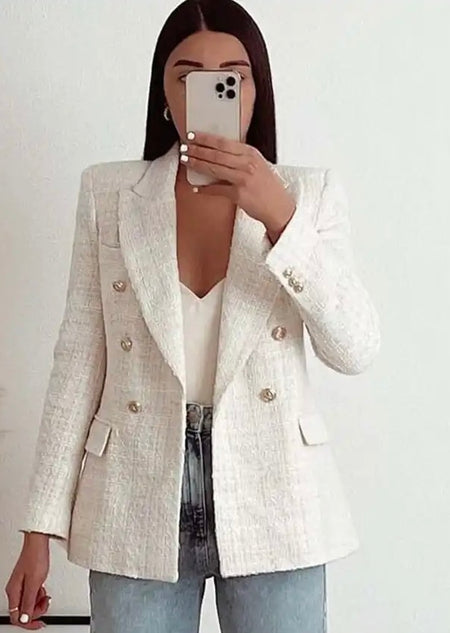 Deborah Statement Tweed Blazer in White - lifestyle shot on model, off-white - Miss Mosa By Akanksha