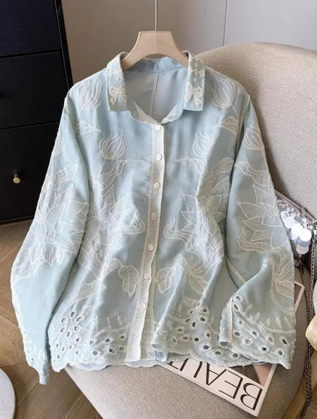 Deli Premium Embroidered Cotton Shirts In Blue - product shot of embroidered shirt on hanger - Miss Mosa By Akanksha