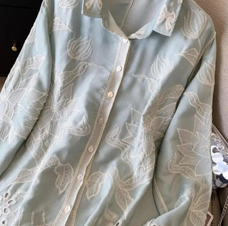 Deli Premium Embroidered Cotton Shirts In Blue - close-up of embroidery detail - Miss Mosa By Akanksha