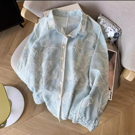 Deli Premium Embroidered Cotton Shirts In Blue - flat-lay product shot of embroidered shirt - Miss Mosa By Akanksha
