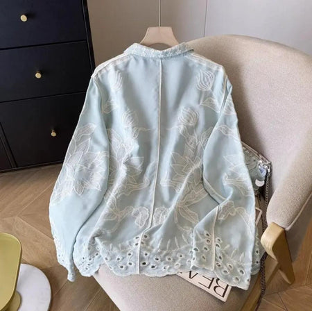 Deli Premium Embroidered Cotton Shirts In Blue - back shot of embroidered shirt on hanger - Miss Mosa By Akanksha