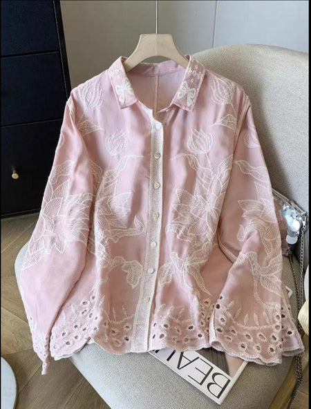Deli Premium Embroidered Cotton Shirts In Pink - product shot of embroidered shirt on hanger - Miss Mosa By Akanksha