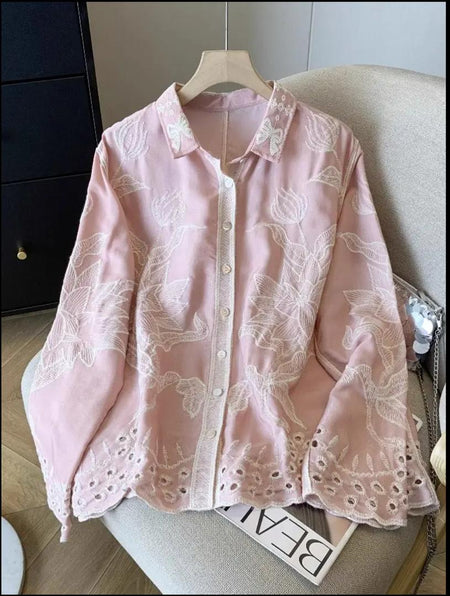 Deli Premium Embroidered Cotton Shirts In Pink - product shot of embroidered shirt on hanger - Miss Mosa By Akanksha