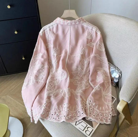 Deli Premium Embroidered Cotton Shirts In Pink - back shot of embroidered shirt on hanger - Miss Mosa By Akanksha