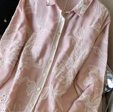 Deli Premium Embroidered Cotton Shirts In Pink - close-up of collar embroidery detail - Miss Mosa By Akanksha