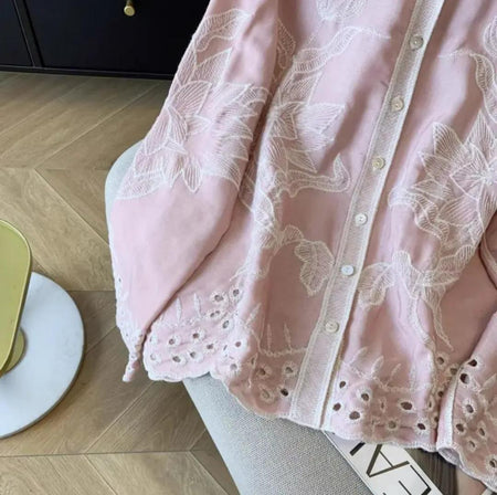 Deli Premium Embroidered Cotton Shirts In Pink - close-up of collar embroidery detail - Miss Mosa By Akanksha