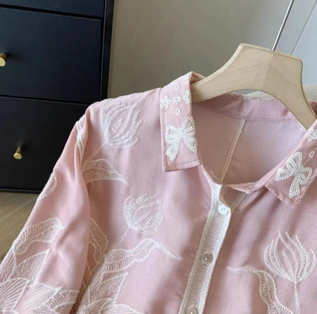 Deli Premium Embroidered Cotton Shirts In Pink - close-up of collar embroidery detail - Miss Mosa By Akanksha