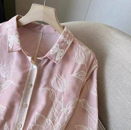 Deli Premium Embroidered Cotton Shirts In Pink - close-up of sleeve and hem embroidery detail - Miss Mosa By Akanksha
