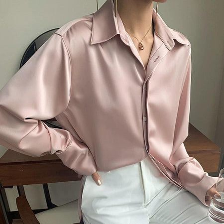 Delilah Luxe Satin Shirt - front shot on model, pink - Miss Mosa By Akanksha