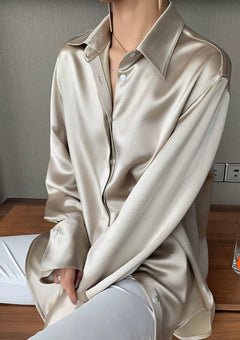 Delilah Luxe Satin Shirt - front shot on model, champagne - Miss Mosa By Akanksha