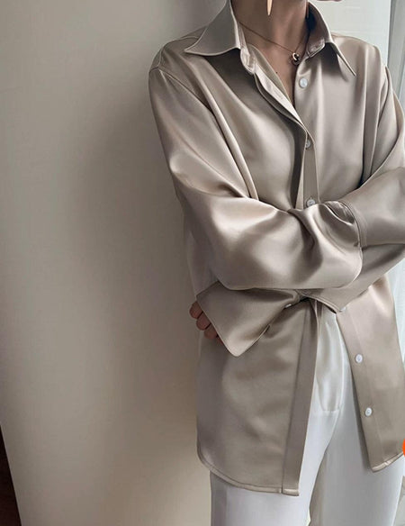 Delilah Luxe Satin Shirt - side shot on model, champagne - Miss Mosa By Akanksha