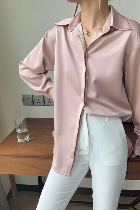 Delilah Luxe Satin Shirt - front shot on model, pink - Miss Mosa By Akanksha