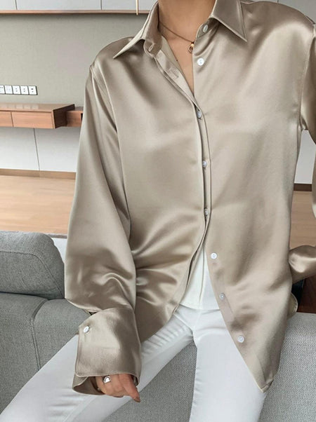 Delilah Luxe Satin Shirt - front shot on model, champagne - Miss Mosa By Akanksha