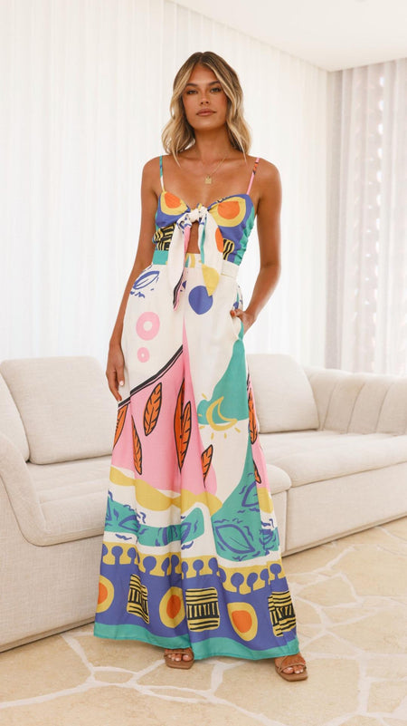 Della Statement Printed Jumpsuit In Multicolour - full-length front shot on model in a living room - Miss Mosa By Akanksha