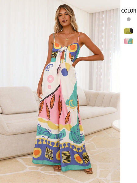 Della Statement Printed Jumpsuit In Multicolour - full-length front shot on model with colour swatches - Miss Mosa By Akanksha