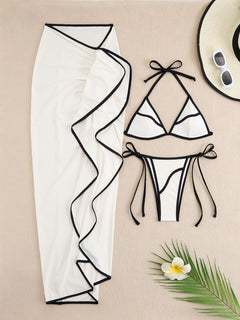 Delma 2 Pcs Swimsuit With Ruffle Skirt - flat-lay shot, cream with black trim - Miss Mosa By Akanksha