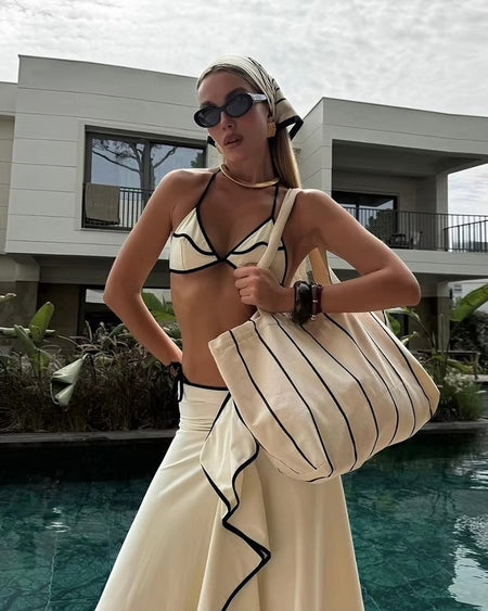 Delma 2 Pcs Swimsuit With Ruffle Skirt - front shot, cream with black trim - Miss Mosa By Akanksha