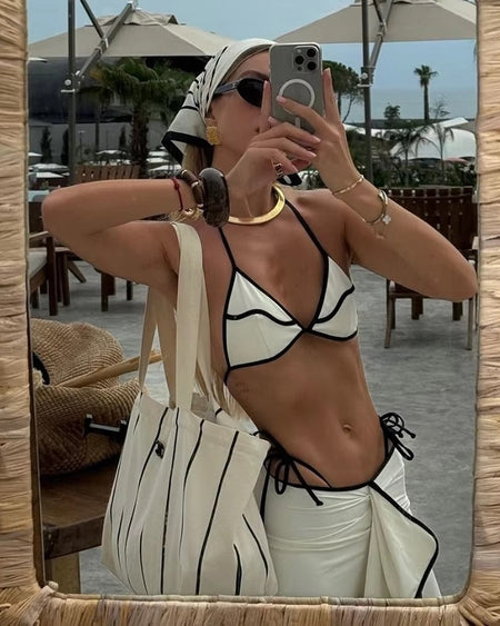 Delma 2 Pcs Swimsuit With Ruffle Skirt - mirror selfie shot, cream with black trim - Miss Mosa By Akanksha
