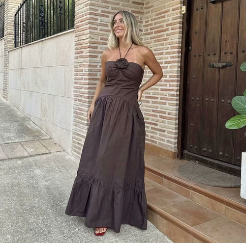 Delma Rosette Holiday Maxi Dress In Brown