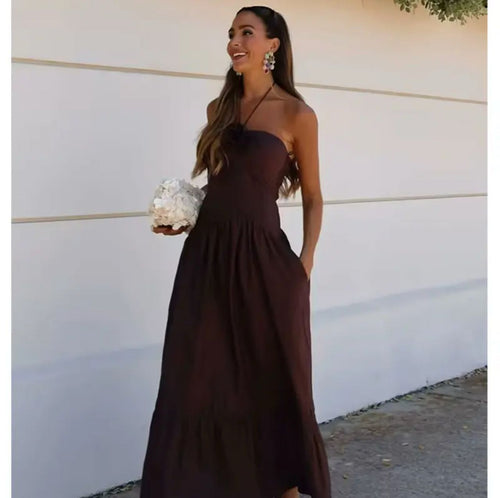 Delma Rosette Holiday Maxi Dress In Brown