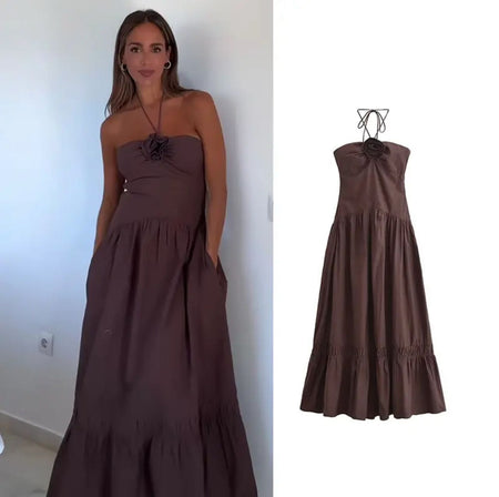 Delma Rosette Holiday Maxi Dress In Brown - front shot on model with flat-lay product shot - Miss Mosa By Akanksha