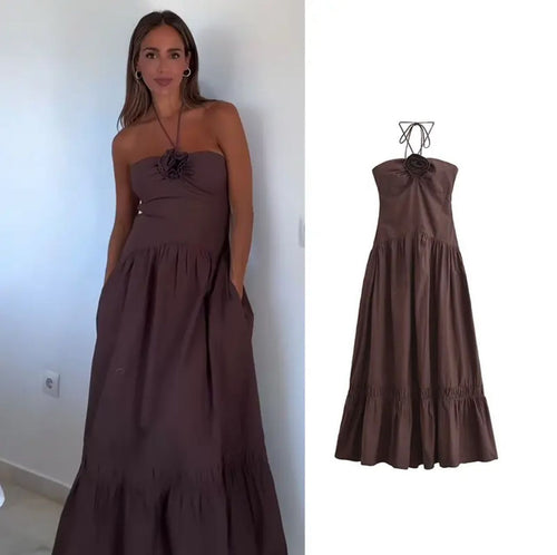 Delma Rosette Holiday Maxi Dress In Brown