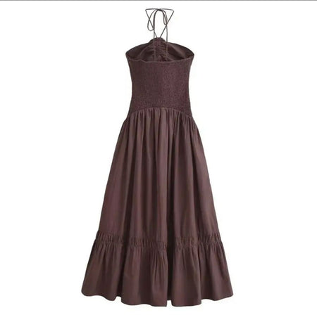 Delma Rosette Holiday Maxi Dress In Brown - back flat-lay product shot - Miss Mosa By Akanksha